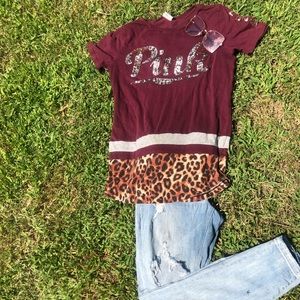 Burgundy PINK shirt with cheetah print